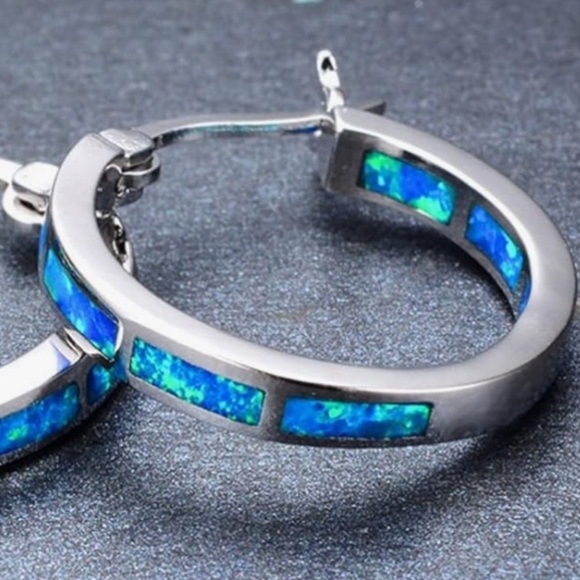 🆕New Blue Opal Hoop Earrings - Sterling Silver - Picture 6 of 8